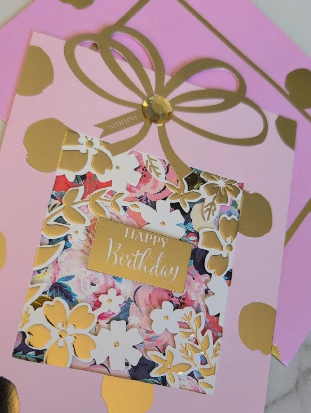 Pink & Gold Floral Happy Birthday Card